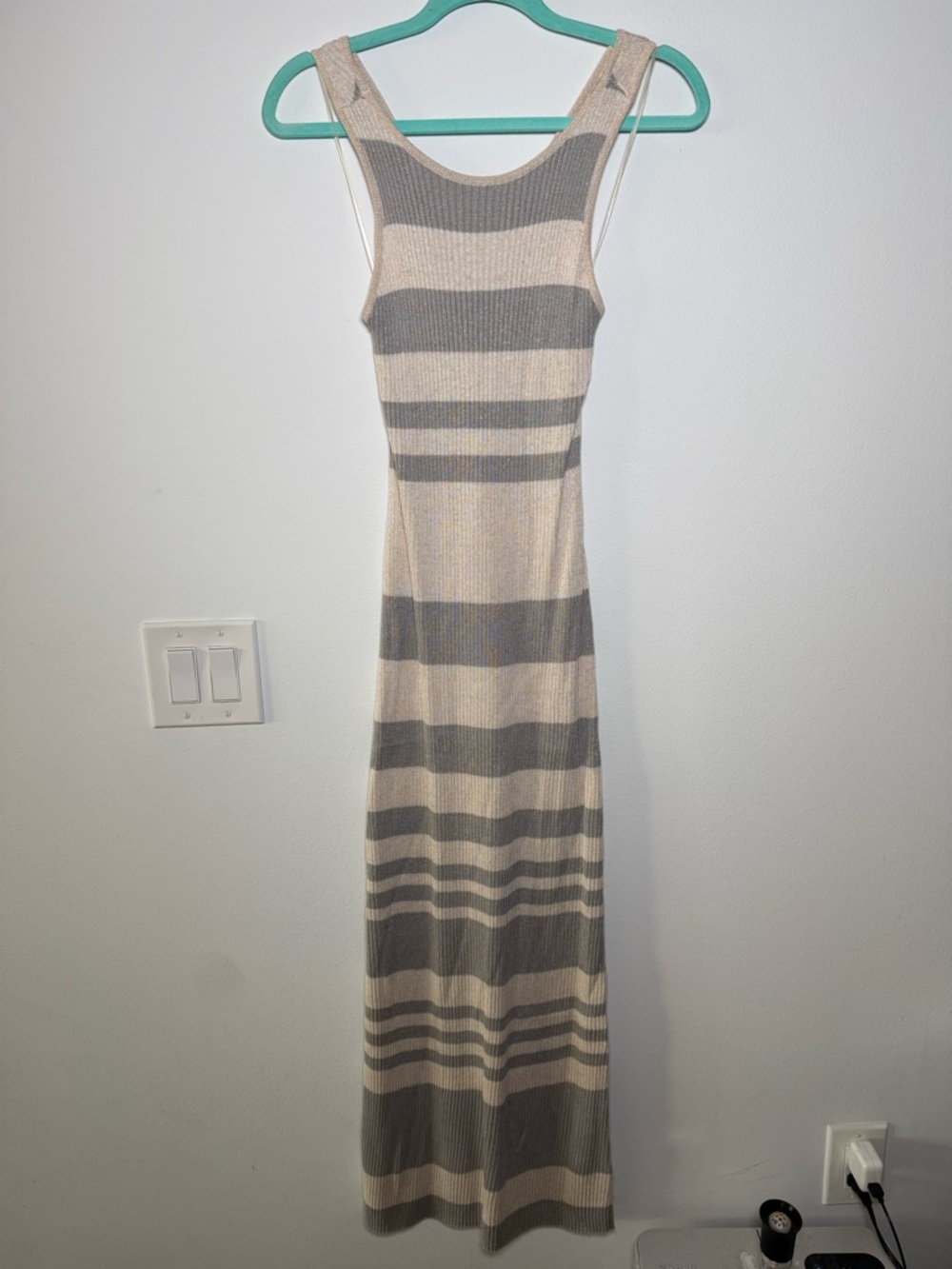 Vici Sleeveless Striped Ribbed Maxi Dress in Beige & Gray